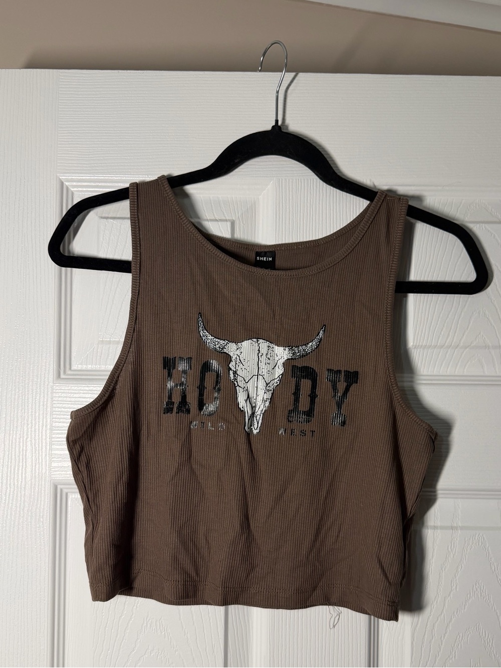 Croptop Tank with Bull Skull Graphic - Brown
